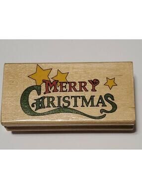 Merry Christmas Rubber Stamp with Stars Wood Block Stamp 3 inches x 1.5 inches